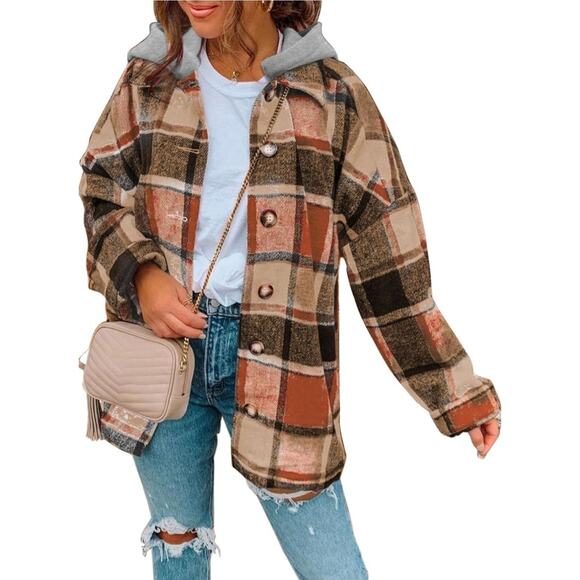 EVALESS Womens Plaid Corduroy Flannel Jacket Long Sleeve Hooded Coat, Size Small - Picture 1 of 4